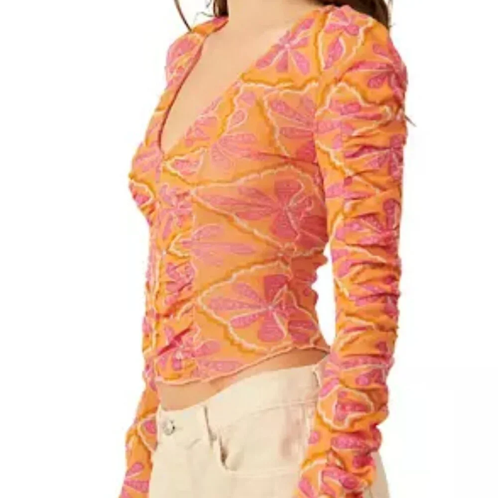 NWT Free People Through the Meadow Mesh Top Grapefruit Seltzer Size Large